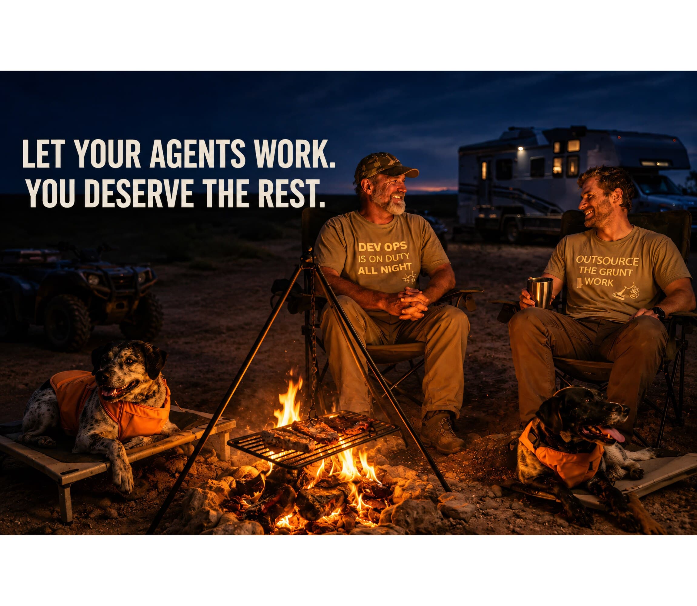 Let your agents work, you deserve the rest — two operators and their dogs around a campfire in the desert at dusk