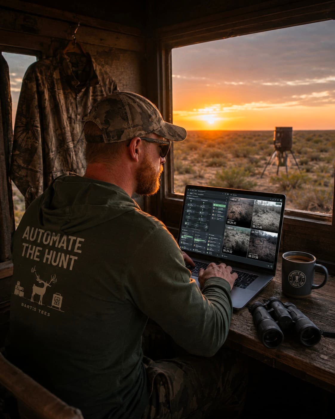 Kyle Bartlett, founder, monitoring trail cameras from the blind at golden hour