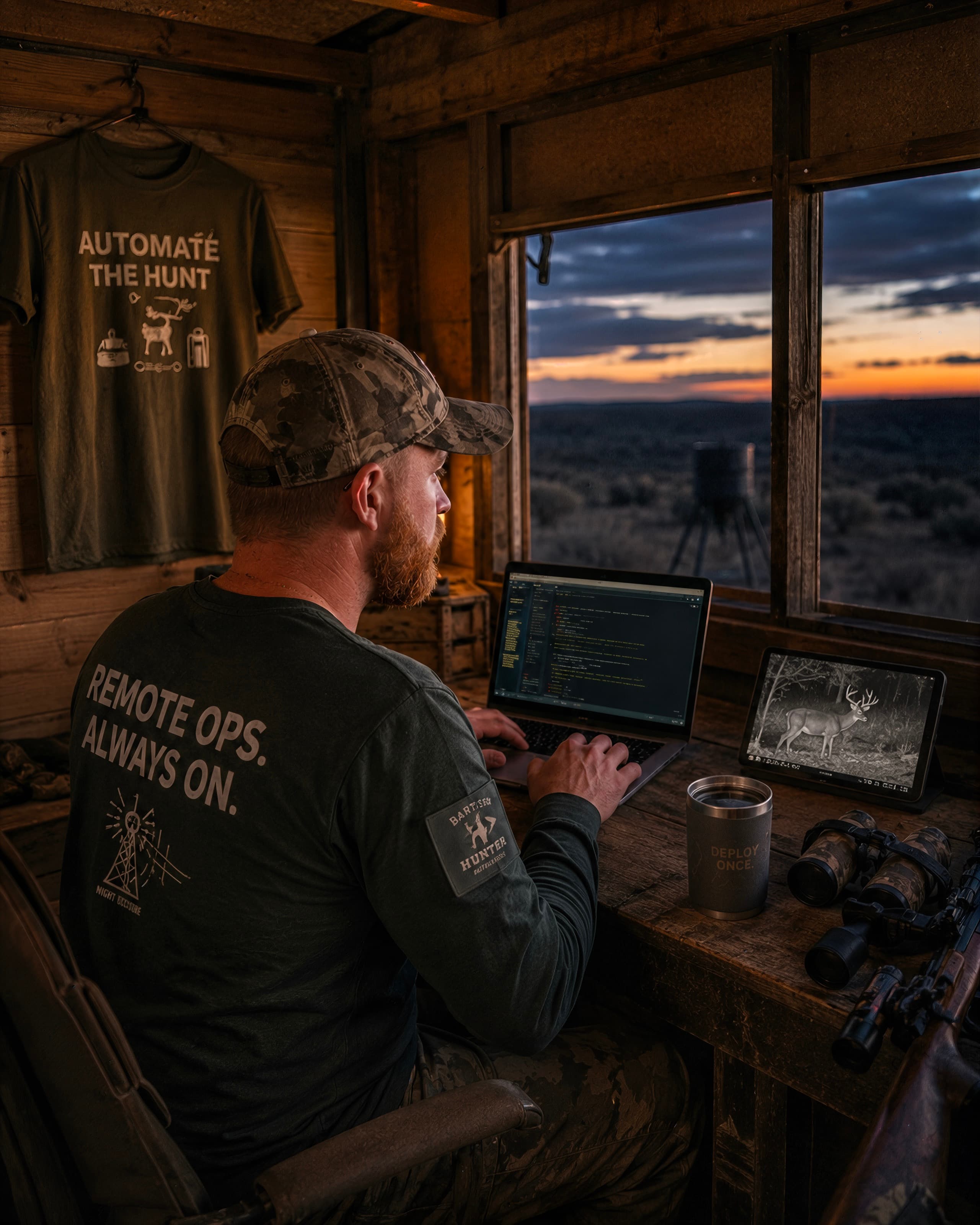 Founder coding from a hunting blind at dusk