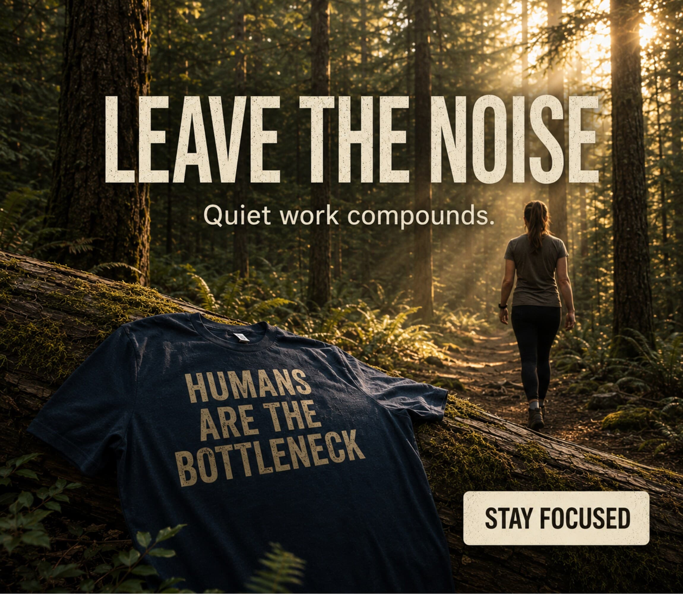Leave the noise — quiet work compounds. Hiker on a misty forest trail with a Bart's Tees 'Humans Are the Bottleneck' tee