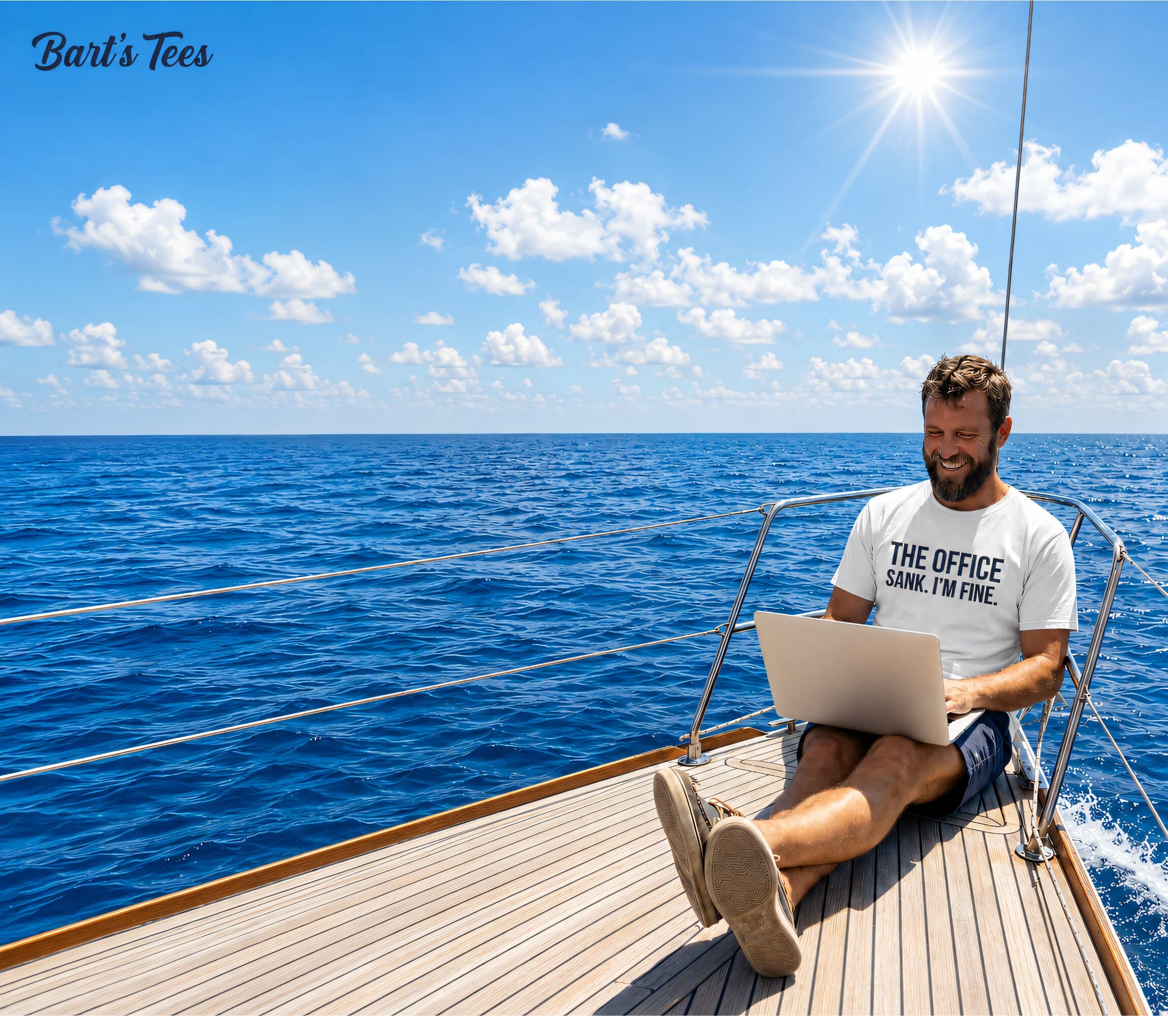 The office sank, I'm fine — operator working from a laptop on the bow of a boat at sea